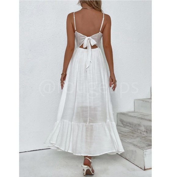 White Long Flared Maxi Dress Cami Tie Back Lace Crochet Detail - Picture 2 of 8